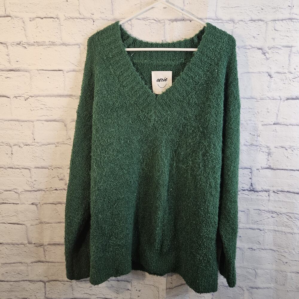 Aerie Teddy Boucle V Neck Sweater M Medium Cozy Stretch Oversized Green